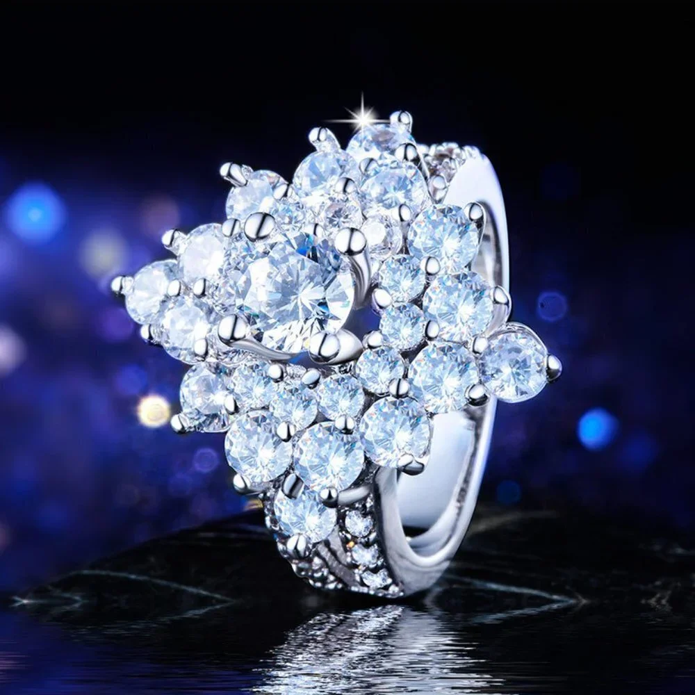 Generous Vintage Zircon Silver Luxury Flower Rings for Women, INDN8094